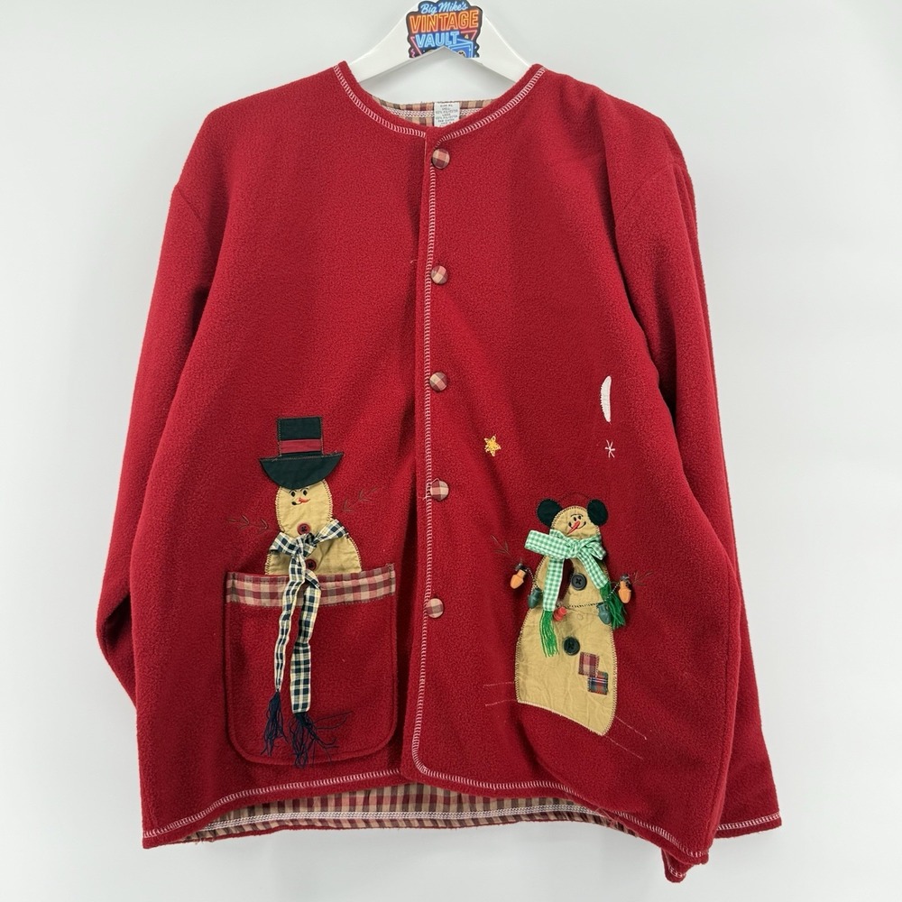 Vintage Snowman Applique Christmas Jacket Womens XL Red Fleece Ugly Sweater